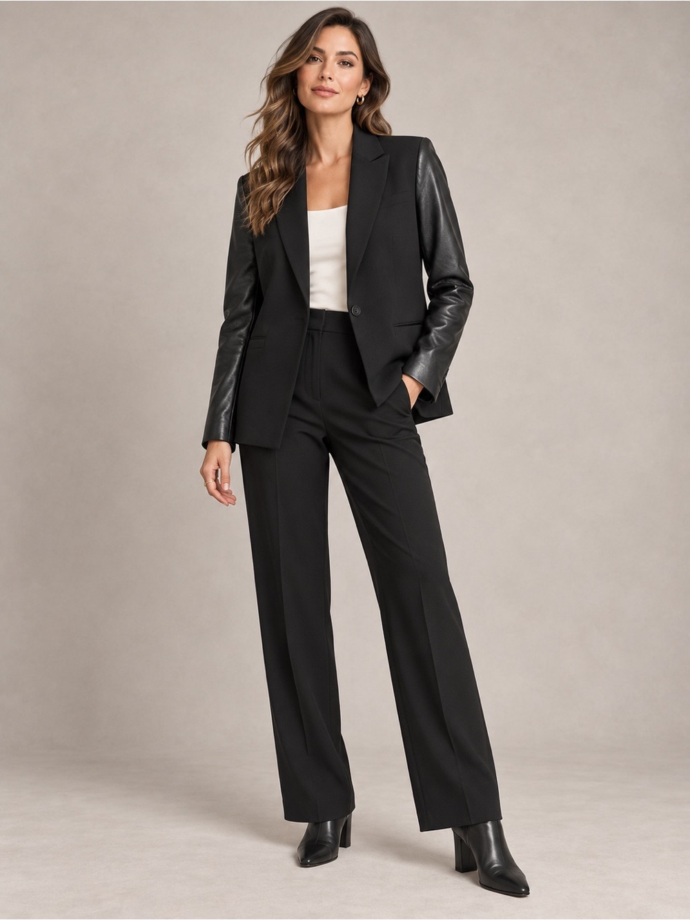 Calvin Klein Black Blazer with Faux Leather Sleeves, Size M